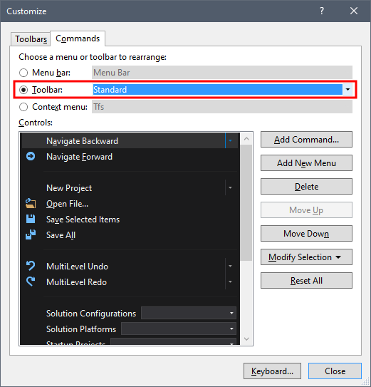 Visual Studio: Кнопки навигации