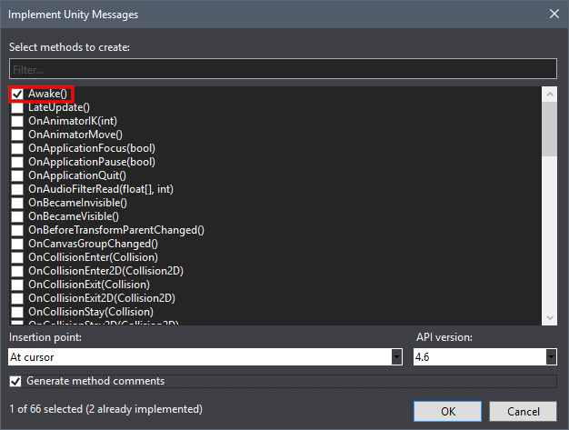 Visual Studio: Горячая клавиша для быстрой вставки метода Unity