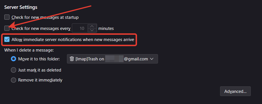 Опция Allow immediate server notifications when new messages arrive
