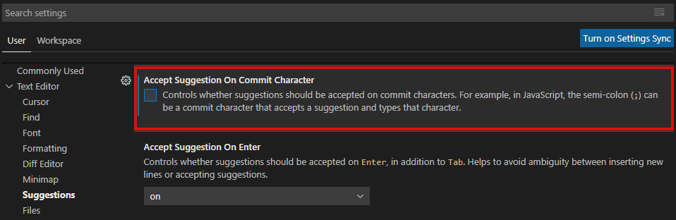 VSCode: Accept Suggestion On Commit Character