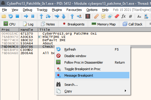 x64dbg: Пример работы с файлом CyberPro13_PatchMe_0x1.exe