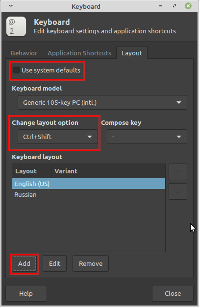 Linux Mint: Добавить комбинацию клавиш для смены раскладки