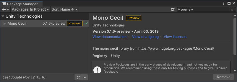 Unity: Уведомление Preview Packages in Use