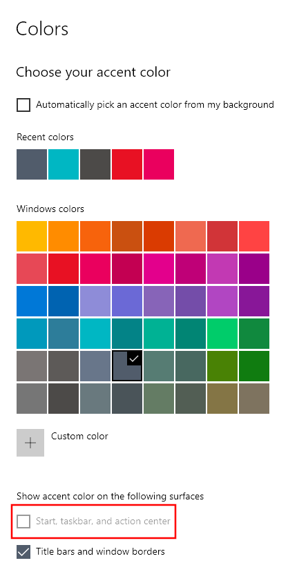 Windows 10: Невозможно изменить цвет Панели задач