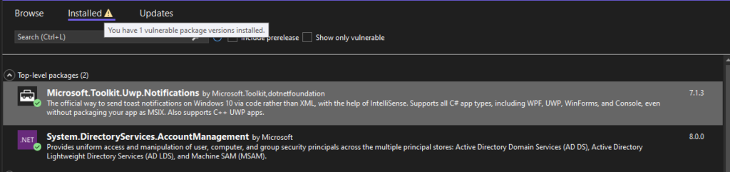 Visual Studio: You have 1 vulnerable package versions installed